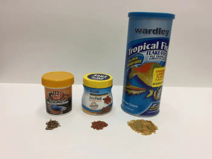 Betta blood worms, betta pellets and tropical fish flakes